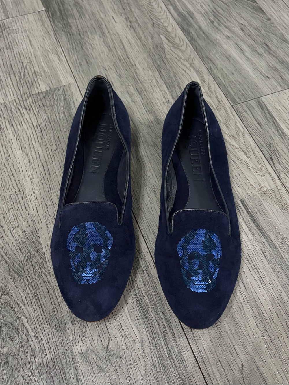 Alexander McQueen Navy Suede Slip-On Ballet Flat Skull Sequined
